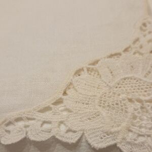 Cream Colored Vintage Table Topper. Linen With Lace Edges.
